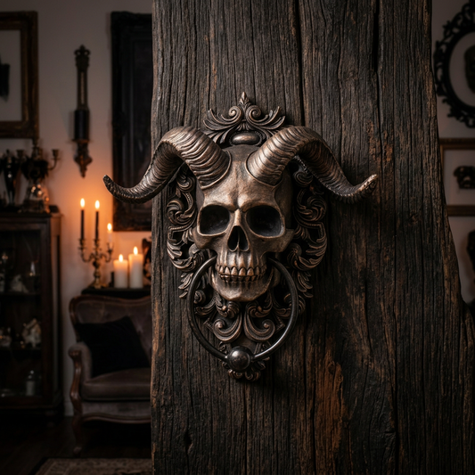 Gothic demon skull door knocker with large curved ram horns and intricate baroque scrollwork in aged bronze finish mounted on dark rustic wood door, moody candlelit gothic room in background — Shadow Realm Supply
