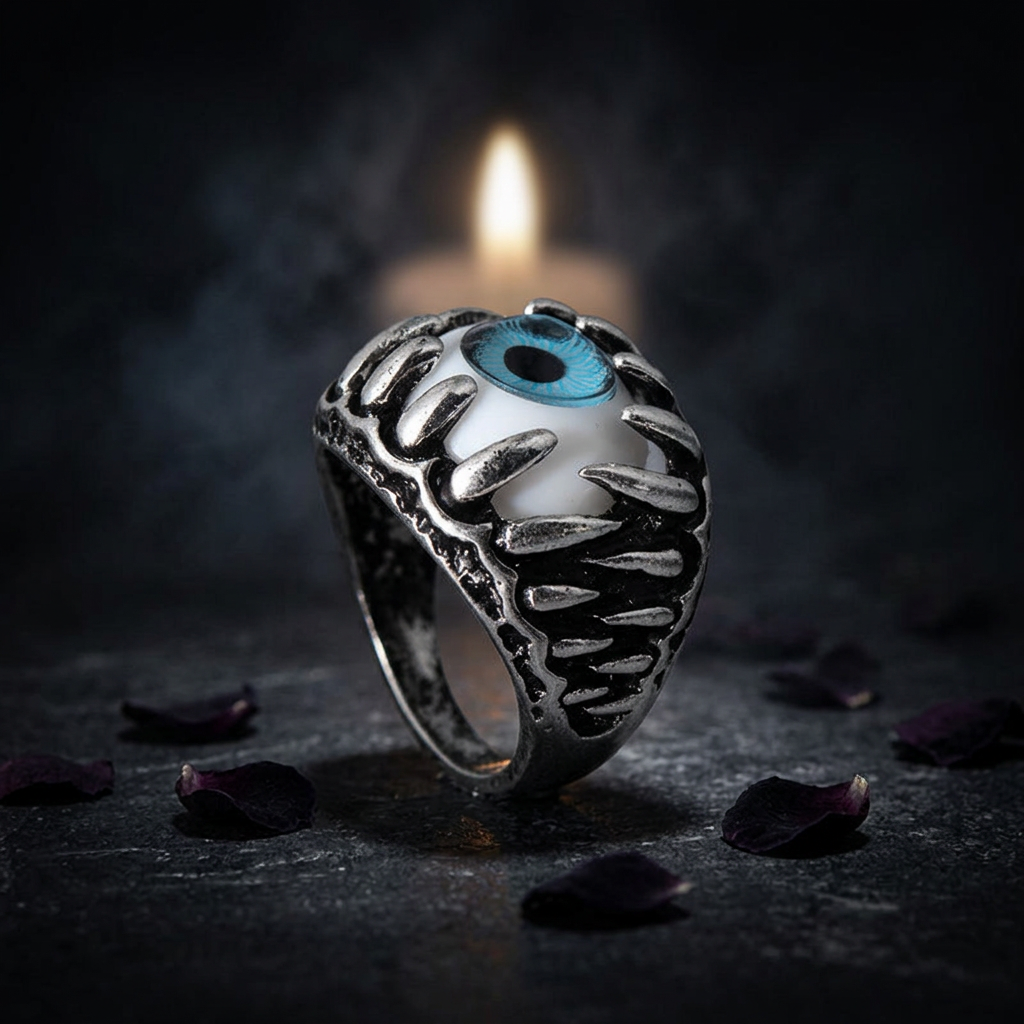 Gothic evil eye ring with blue glass eyeball set in silver claw and fang band, side profile view on dark slate surface with dried rose petals and smoky candlelit background — Shadow Realm Supply