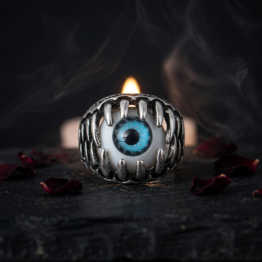 Gothic evil eye ring with blue glass eyeball set in silver claw and fang band, front view on dark slate surface surrounded by dried red rose petals with candle flame in background — Shadow Realm Supply