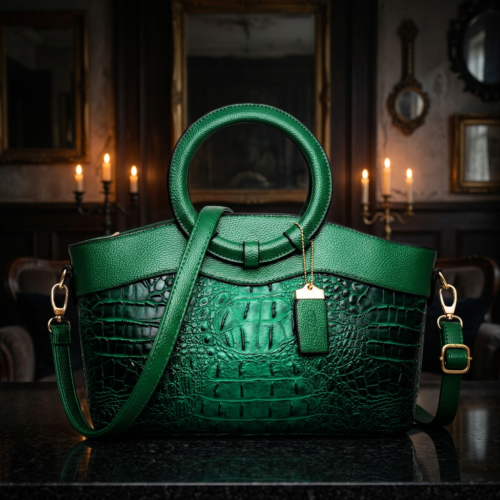 Gothic crocodile embossed structured handbag in emerald green with circular ring handle and gold hardware, displayed on black marble surface in moody candlelit gothic interior — Shadow Realm Supply