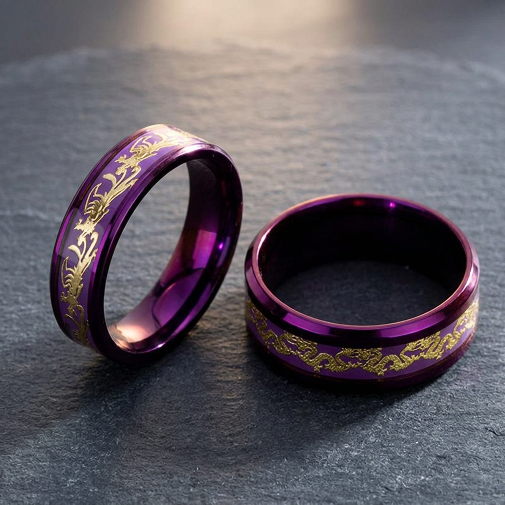 Gothic purple and gold dragon engraved stainless steel ring set — side and top view showing intricate gold dragon scale pattern on polished purple band, displayed on dark slate surface — Shadow Realm Supply