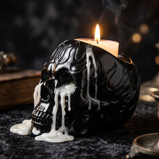 Glossy black skull candle holder with white wax dripping down the face, moody dark atmospheric background, witchy altar decor