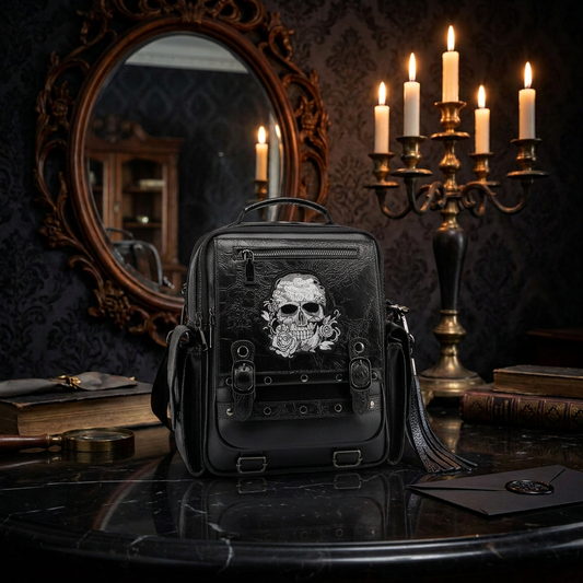 Gothic skull embroidered black PU leather backpack with studs and buckles on dark marble in gothic manor with candles and ornate mirror — Shadow Realm Supply