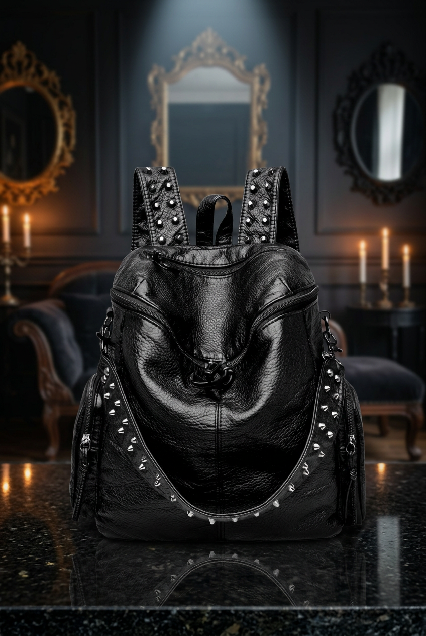Gothic studded black vegan leather backpack front view with silver spike trim and chain detail, displayed on black marble surface in candlelit gothic interior with ornate gold mirrors — Shadow Realm Supply