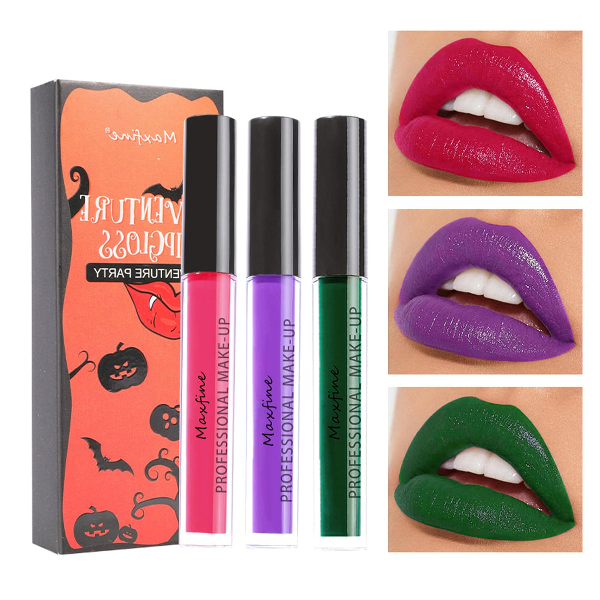 Halloween matte lip gloss set of 3 by Maxfine — hot pink, purple, and green shades with Halloween party gift box and lip swatch closeups showing bold alt makeup colors — Shadow Realm Supply