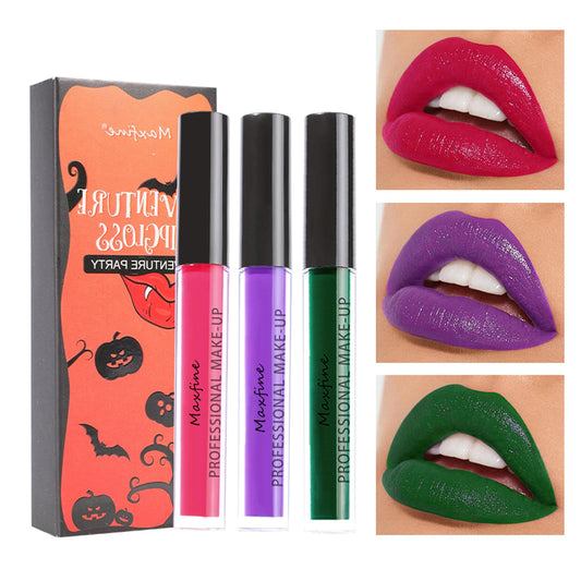 Halloween matte lip gloss set of 3 by Maxfine — hot pink, purple, and green shades with Halloween party gift box and lip swatch closeups showing bold alt makeup colors — Shadow Realm Supply