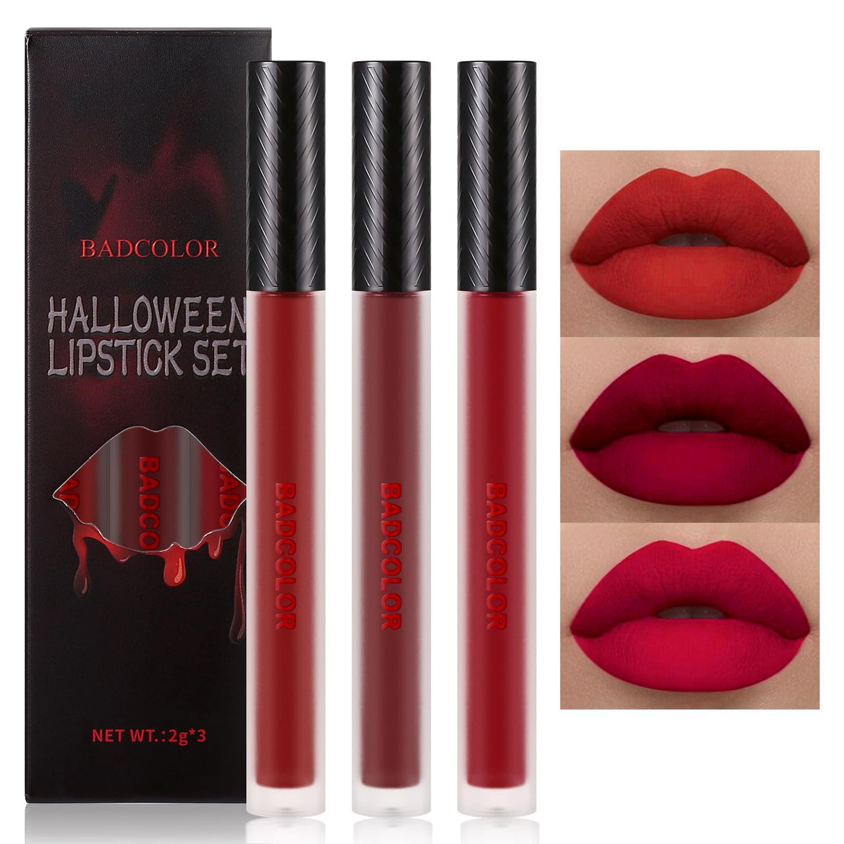 Vampy Matte Liquid Lipstick Set of 3 by Badcolor — deep red, burgundy, and ruby shades shown in tubes with Halloween gothic packaging box and lip swatch closeups — gothic alt makeup — Shadow Realm Supply