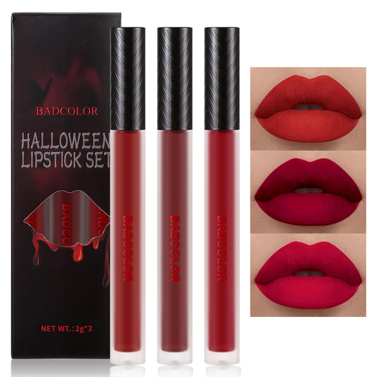 Vampy Matte Liquid Lipstick Set of 3 by Badcolor — deep red, burgundy, and ruby shades shown in tubes with Halloween gothic packaging box and lip swatch closeups — gothic alt makeup — Shadow Realm Supply