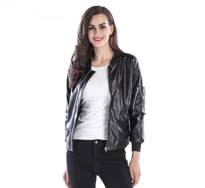 Women's Black Leather Jacket with Stand Collar