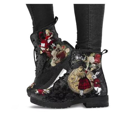 Gothic Print Vegan Leather Combat Boots
