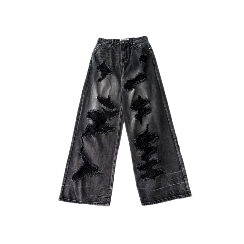 Dark Black Ripped Wide Leg Denim Jeans