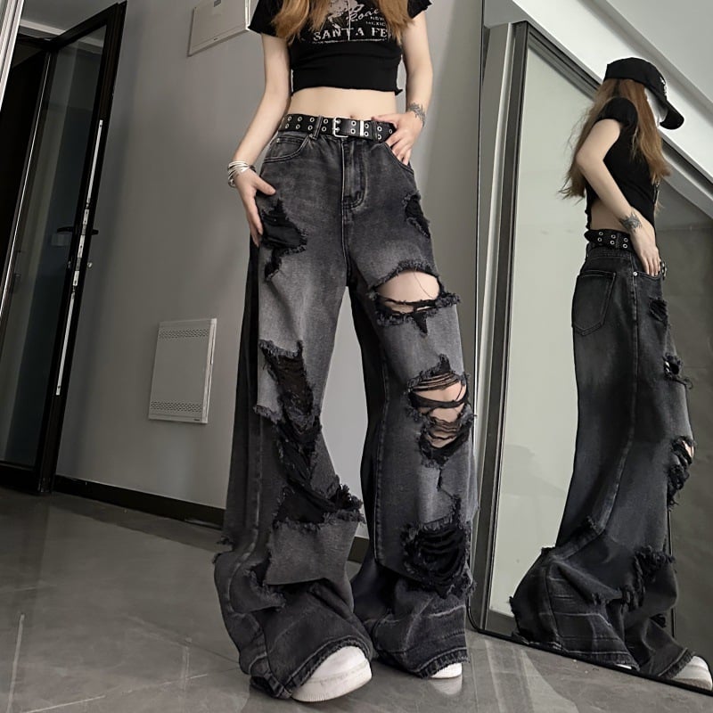 Dark Black Ripped Wide Leg Denim Jeans
