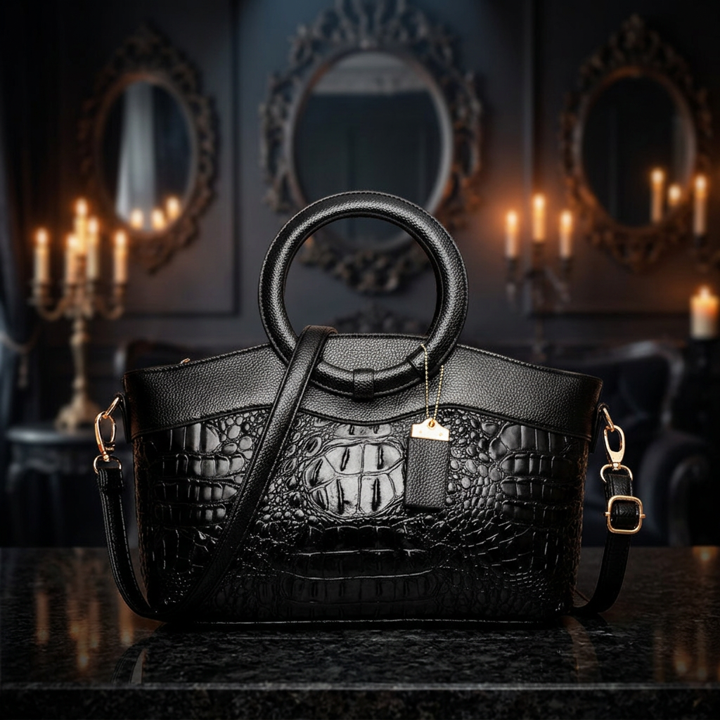 Gothic crocodile embossed structured handbag in black with circular ring handle and gold hardware, displayed on black marble surface in candlelit gothic interior with ornate mirrors — Shadow Realm Supply