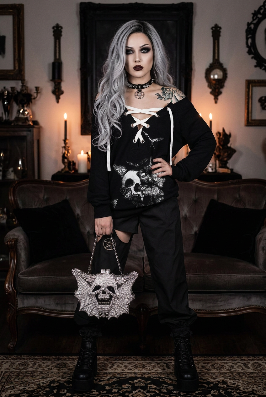 Black Butterfly Skull Hoodie with Cargo Pants
