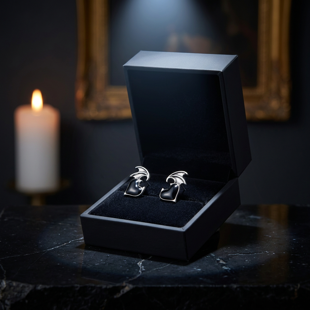 Gothic black enamel heart with silver bat wing stud earrings displayed in open black velvet gift box on dark marble surface, candlelit gothic interior — Shadow Realm Supply