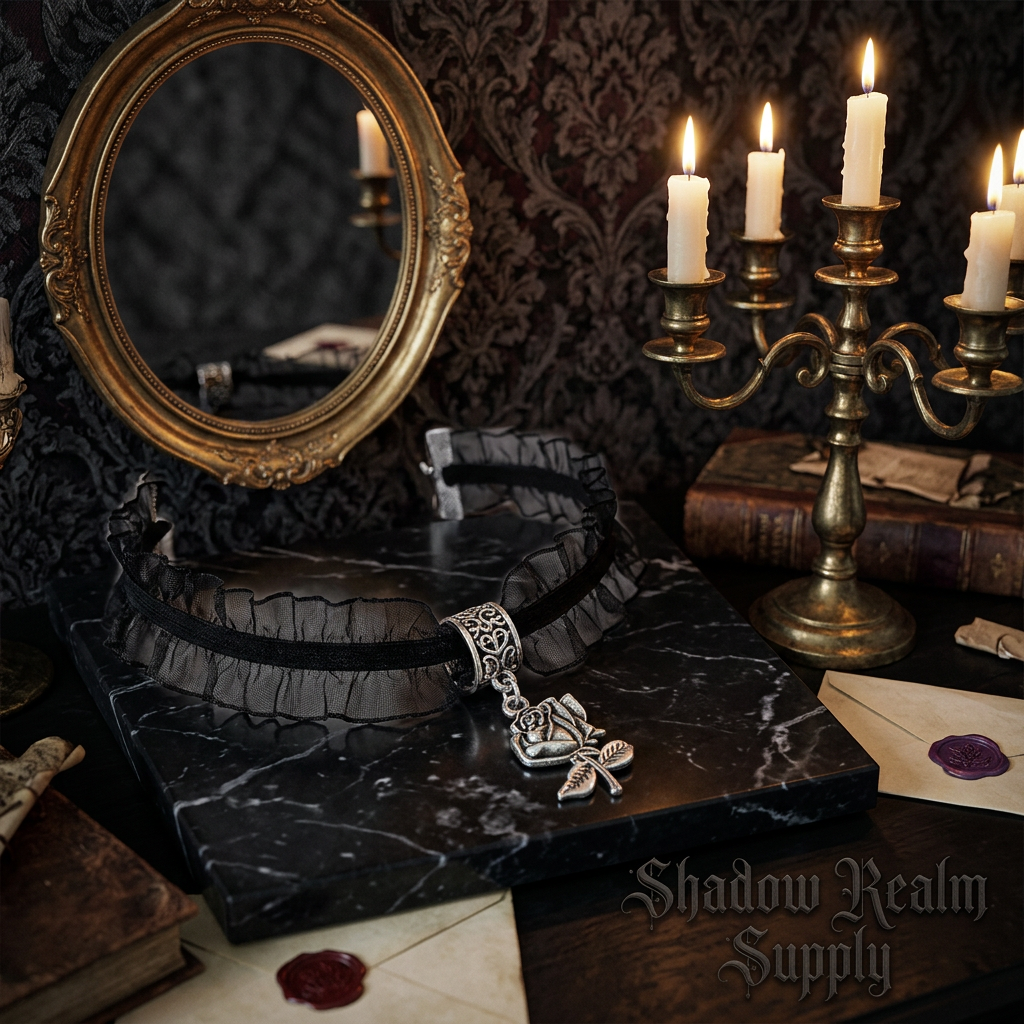 Black lace ruffle choker necklace with silver filigree rose charm pendant draped on dark marble in gothic manor with candles and ornate mirror — Shadow Realm Supply