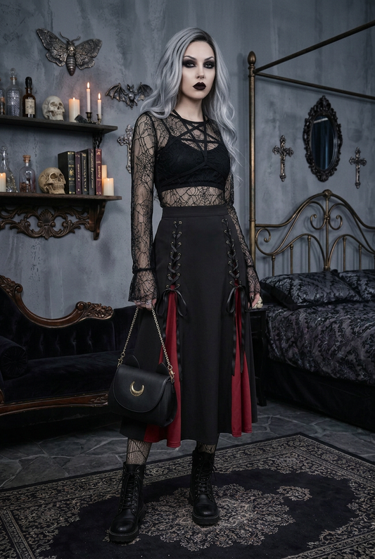 Goth model with silver-gray hair wearing black gothic high waist lace-up midi skirt with red contrast panel lining, paired with black spiderweb mesh crop top, fishnet tights and platform combat boots, holding black crescent moon crossbody bag, full body shot in gothic bedroom with skull decor and iron bed frame — Shadow Realm Supply