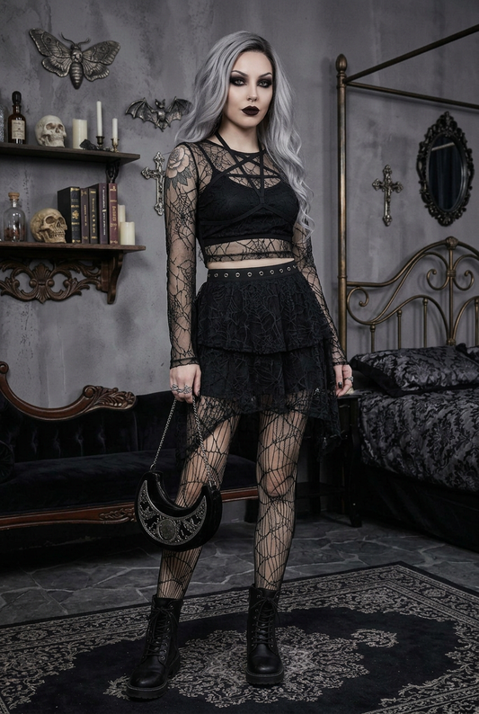 Goth model with silver-gray hair wearing black layered spiderweb lace mini skirt with grommet waistband, paired with black pentagram mesh crop top, spiderweb fishnet tights and platform combat boots, holding black crescent moon bag, full body shot in gothic bedroom — dark aesthetic alt fashion skirt — Shadow Realm Supply
