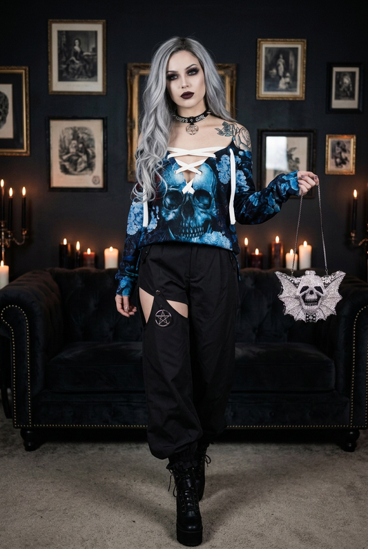 Blue Floral Skull Hoodie with Cargo Pants