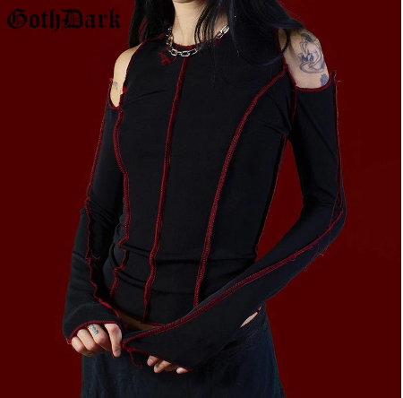 Women's Gothic Grunge Crop T-Shirt with Cutout Patchwork