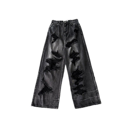 Dark Black Ripped Wide Leg Denim Jeans