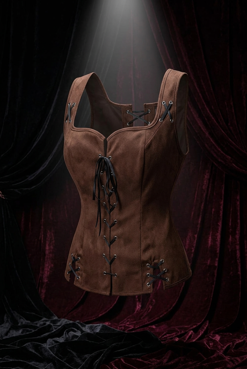 A dark brown suede lace-up corset top with silver grommets and black ribbon lacing, ghost mannequin display, dark burgundy velvet background with dramatic spotlight, gothic fashion editorial.