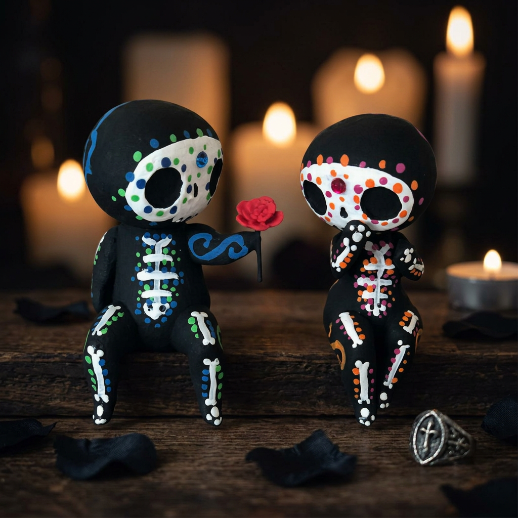 Day of the Dead skeleton couple figurines with colorful sugar skull face paint, one holding a red rose, gothic couple decor set