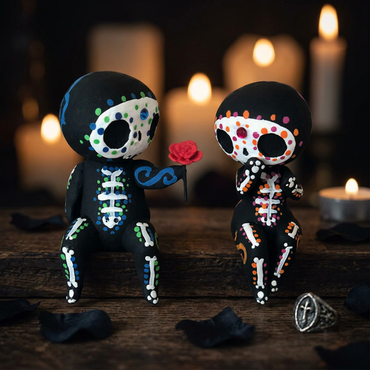 Day of the Dead skeleton couple figurines with colorful sugar skull face paint, one holding a red rose, gothic couple decor set