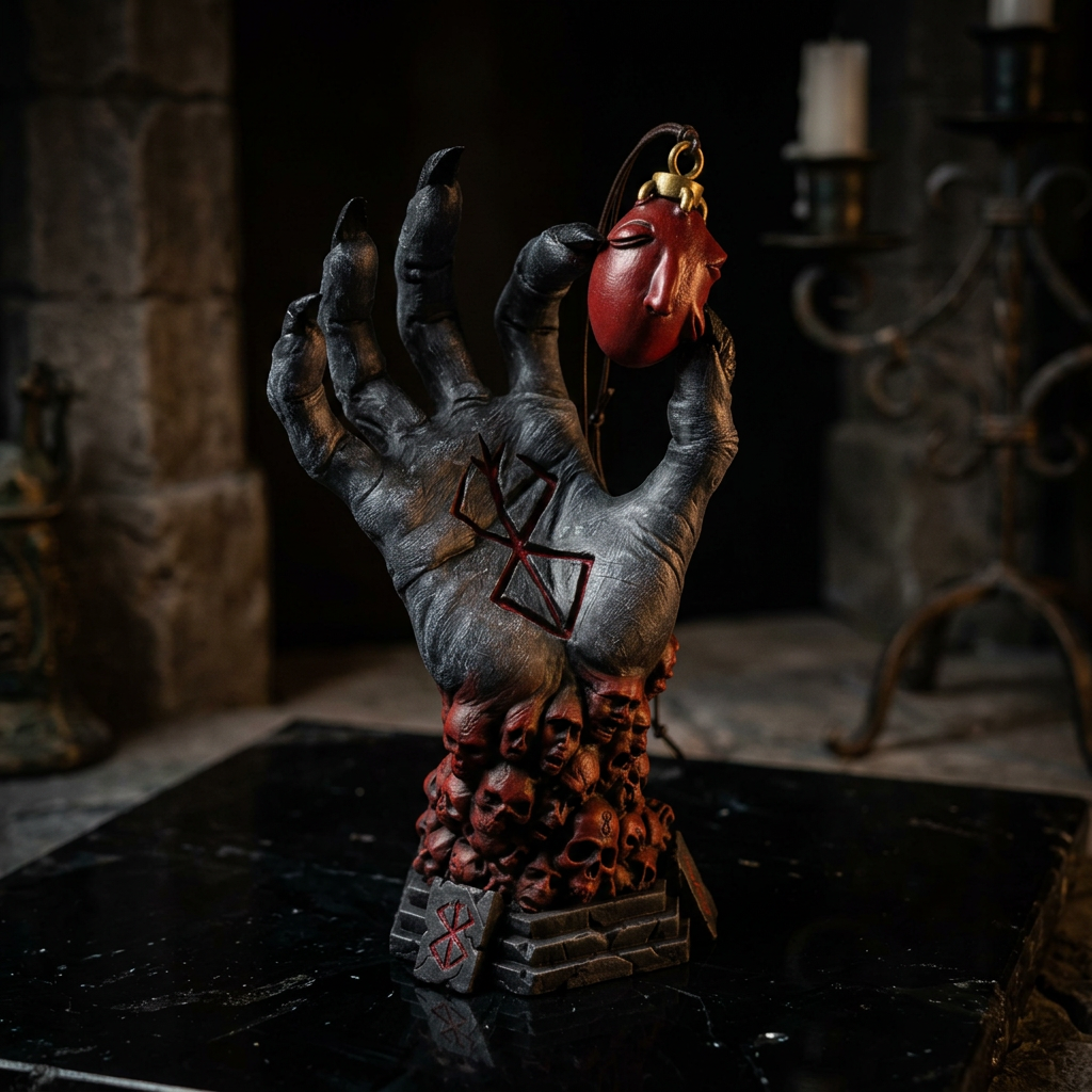 Dark resin demon claw hand sculpture rising from skull base, holding red face pendant with brand of sacrifice symbol, gothic fantasy figurine decor
