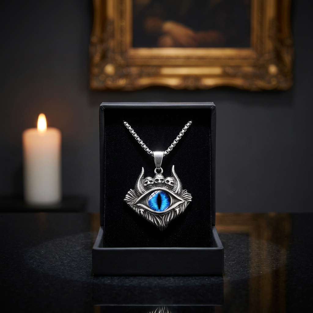 Devil eye blue skull pendant necklace gothic titanium — close-up product shot on dark display counter background