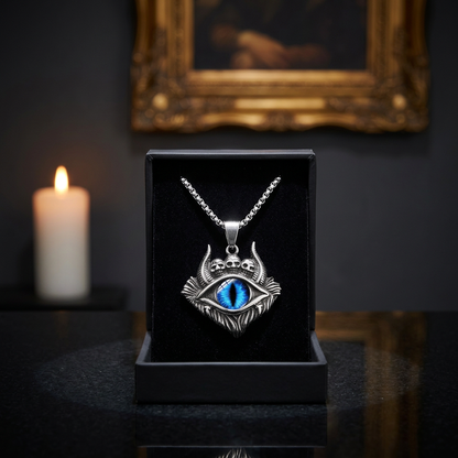 Devil eye blue skull pendant necklace gothic titanium — close-up product shot on dark display counter background