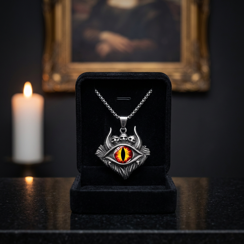 Devil eye fire skull pendant necklace gothic titanium — close-up product shot on dark display counter background
