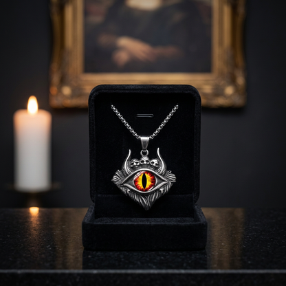 Devil eye fire skull pendant necklace gothic titanium — close-up product shot on dark display counter background
