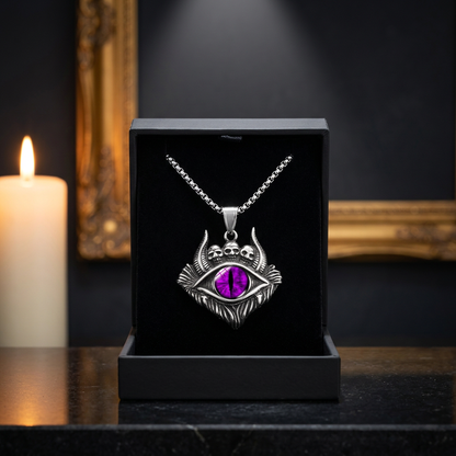 Devil eye purple skull pendant necklace gothic titanium — close-up product shot on dark display counter background
