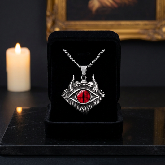 Devil eye red skull pendant necklace gothic titanium — close-up product shot on dark display counter background