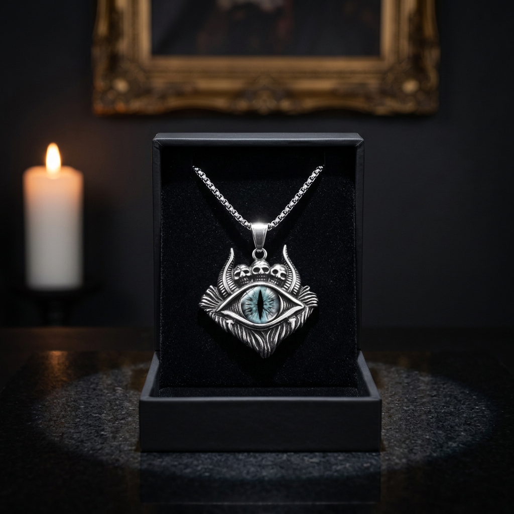 Devil eye teal skull pendant necklace gothic titanium — close-up product shot on dark display counter background