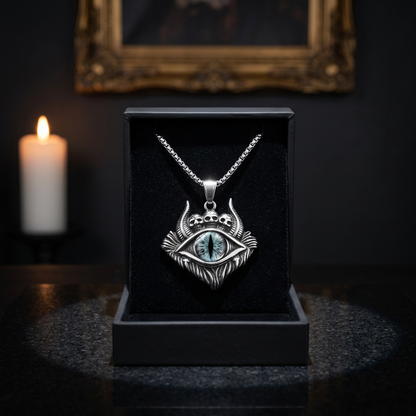 Devil eye teal skull pendant necklace gothic titanium — close-up product shot on dark display counter background