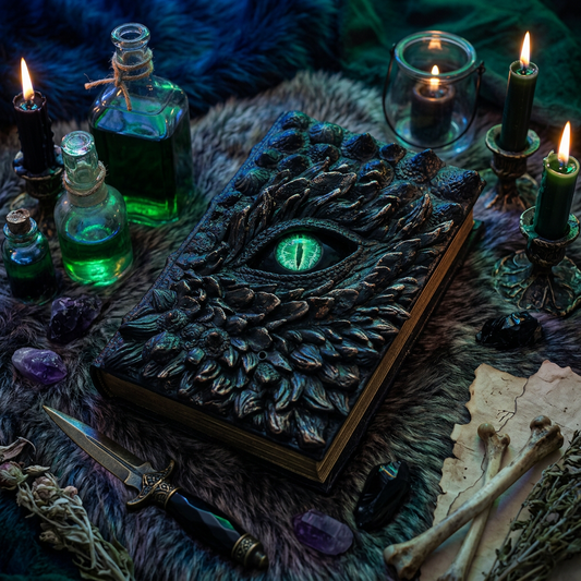 Dragon eye embossed spell book with glowing green eye, dark moody atmospheric lighting with potion bottles and mystical objects, dark academia gothic decor