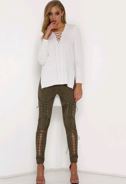 Lace-Up Suede Long Pants