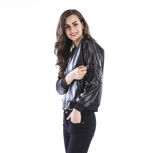 Women's Black Leather Jacket with Stand Collar