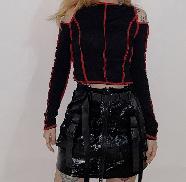 Women's Gothic Grunge Crop T-Shirt with Cutout Patchwork