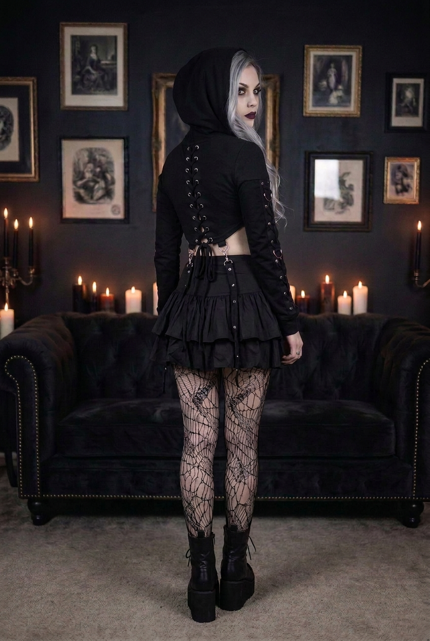 Goth model with silver-gray hair wearing black lace-up crop hoodie showing full back lace-up corset detail with O-ring hardware, layered ruffle mini skirt and spiderweb fishnet tights, back view in candlelit gothic interior — Shadow Realm Supply