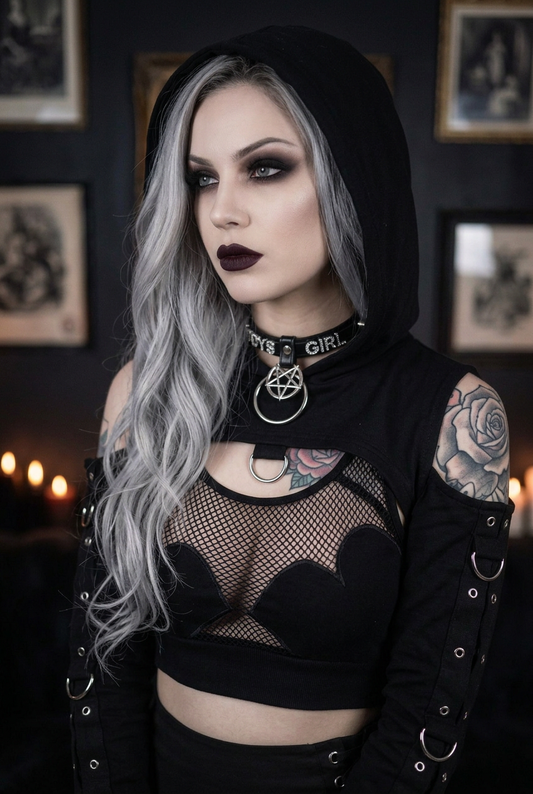 Goth model with silver-gray hair wearing black gothic crop hoodie with bat wing fishnet mesh panel and O-ring hardware, hood up, side angle view in candlelit gothic interior — dark aesthetic alt fashion top — Shadow Realm Supply