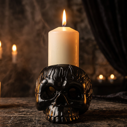 Black resin skull candle holder with white pillar candle and flame, warm candlelight glow, gothic home decor