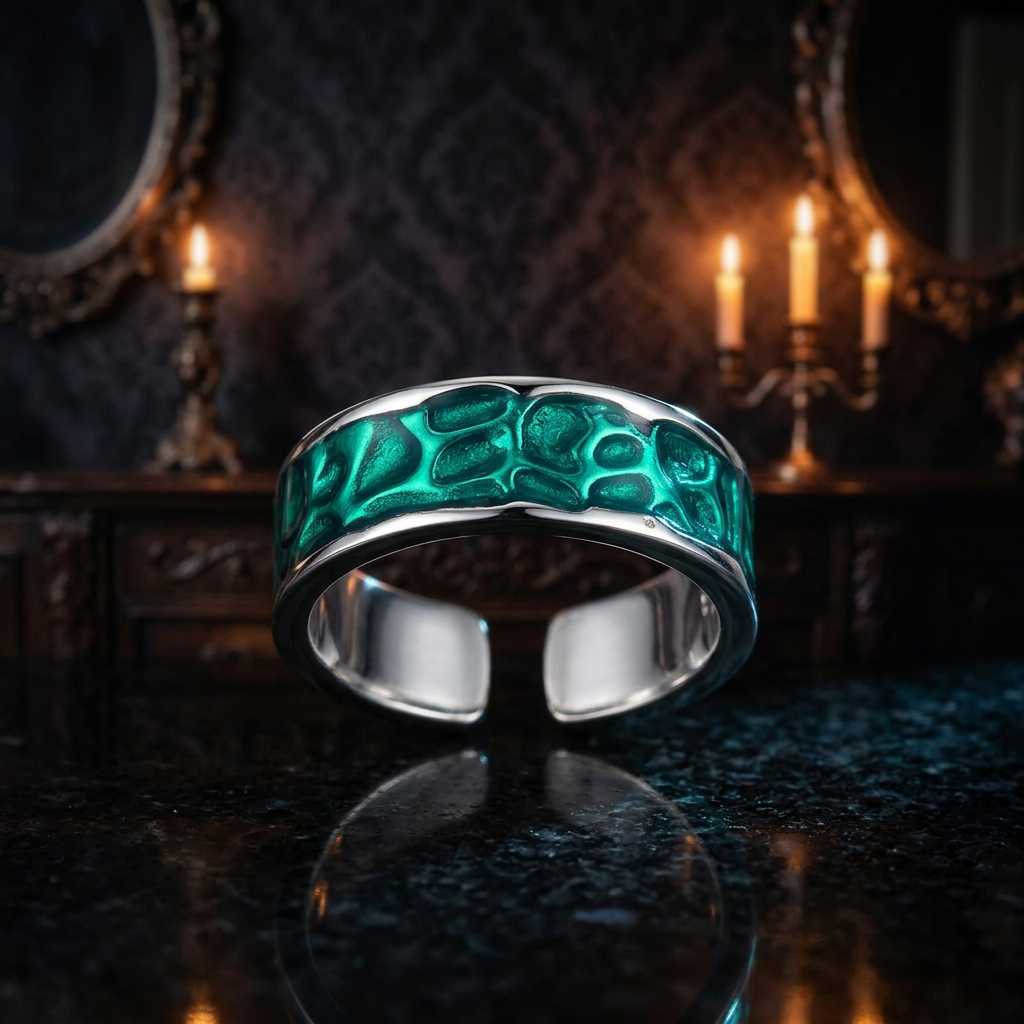 Gothic emerald green enamel crocodile texture open cuff ring with silver band, front view on black marble surface in moody candlelit gothic room with ornate mirrors and candelabra — Shadow Realm Supply