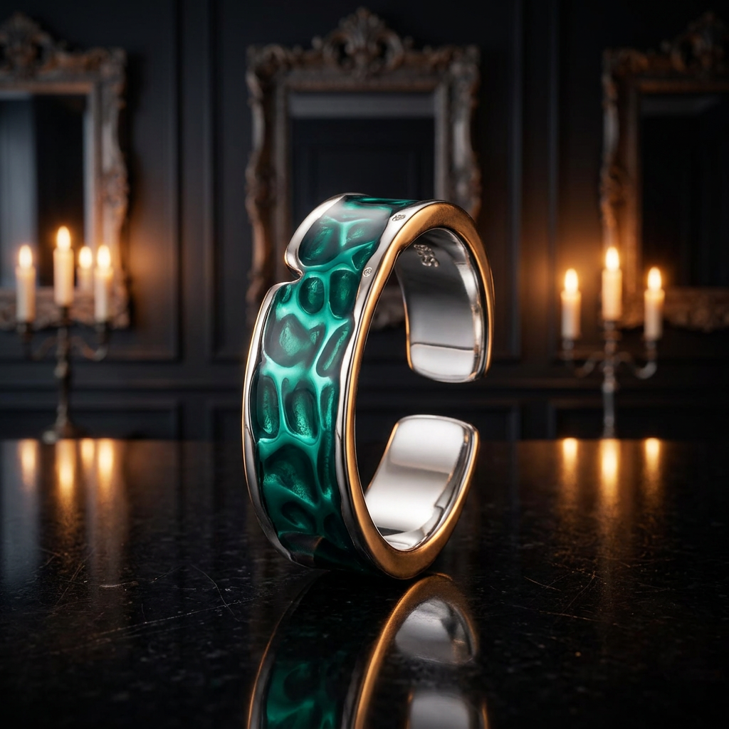 Gothic emerald green enamel crocodile texture open cuff ring with gold and silver finish, angled view on black marble surface in candlelit gothic interior with ornate mirrors — Shadow Realm Supply