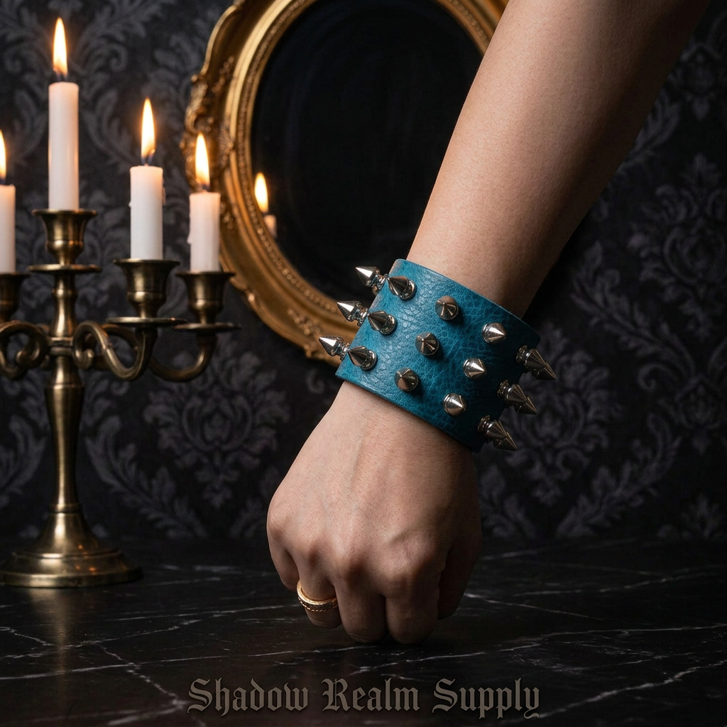 Wide lake blue leather punk spike bracelet with silver rivets worn on wrist in gothic manor with candles and ornate mirror — Shadow Realm Supply
