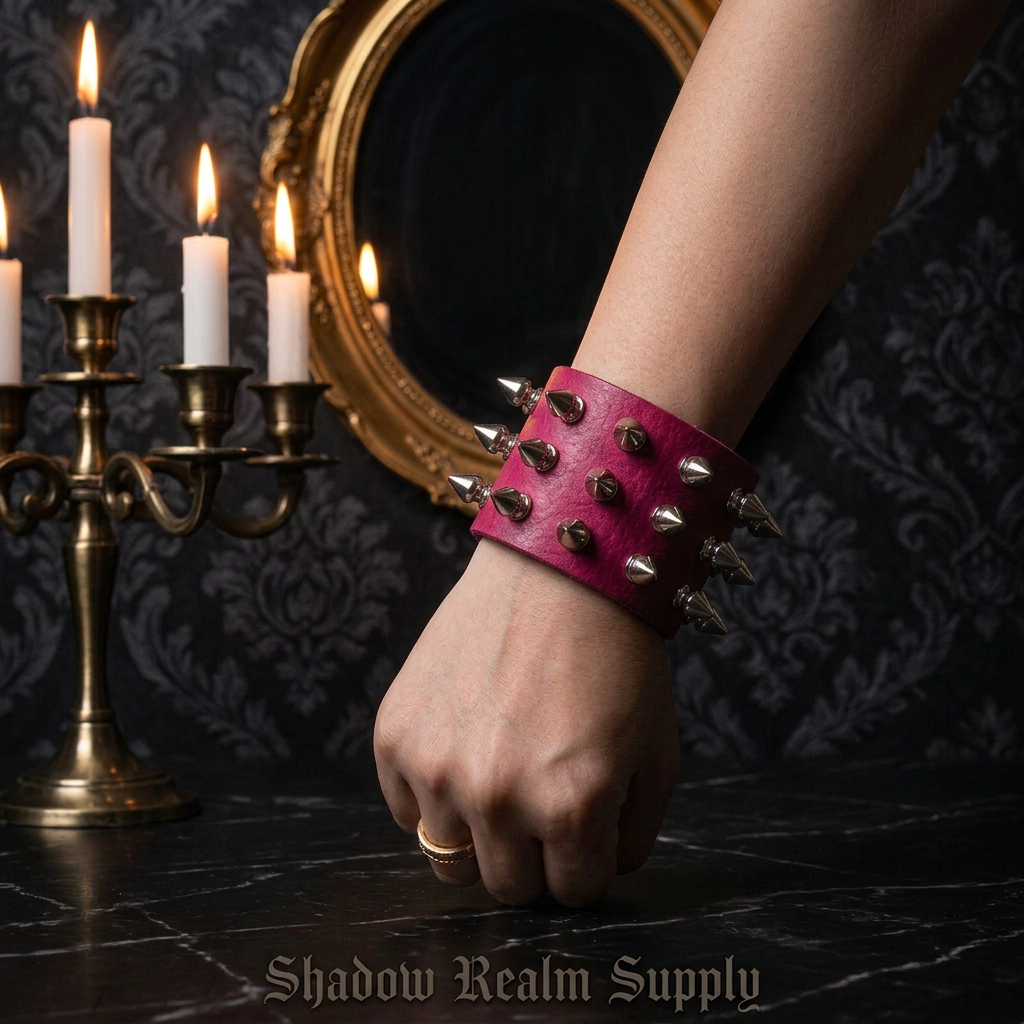 Wide pink leather punk spike bracelet with silver rivets worn on wrist in gothic manor with candles and ornate mirror — Shadow Realm Supply