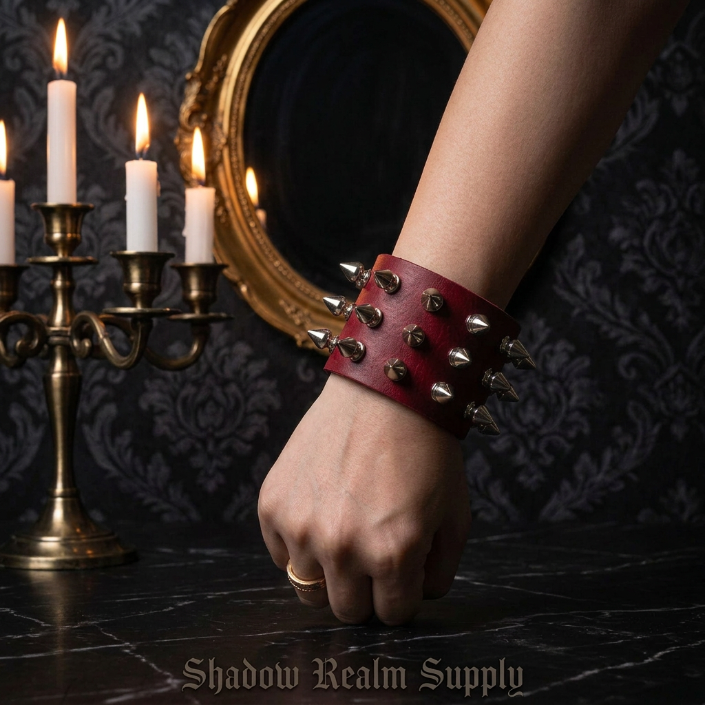 Wide red leather punk spike bracelet with silver rivets worn on wrist in gothic manor with candles and ornate mirror — Shadow Realm Supply