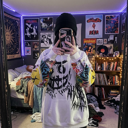 Alt goth model wearing oversized dark gray Harajuku graffiti drip text hoodie with black beanie, black nails and rings, mirror selfie in alt aesthetic bedroom with band posters and vinyl records — dark aesthetic streetwear hoodie — Shadow Realm Supply